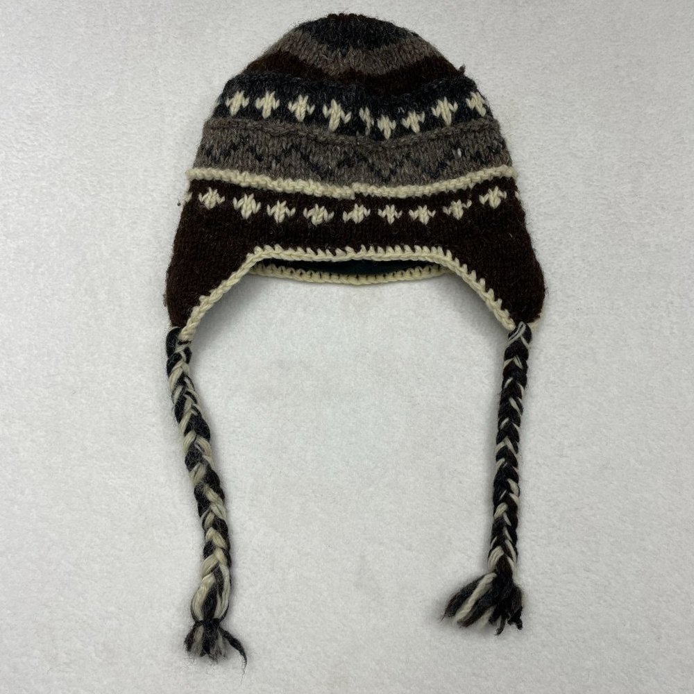 Nepal 100% Wool Fair Isle Knit Fleece Lined Trapper Beanie One Size Warm Chunky - Picture 2 of 8